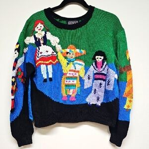 Berek Knit Multicultural Character Crop Sweater 1980's Heavyweight Pima Cotton